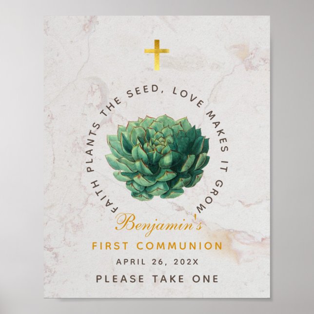 Första Kommunionen Suckulenta Gavor Guld Botanisk Poster (Framsidan)