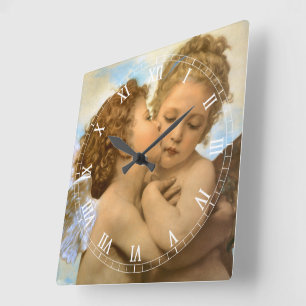 Första kyssen (ängladetalj) av Bouguereau Fyrkantig Klocka