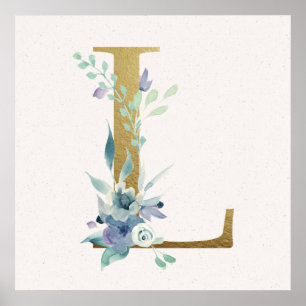 Första L Golden and Blue Blommigt Monogram Poster