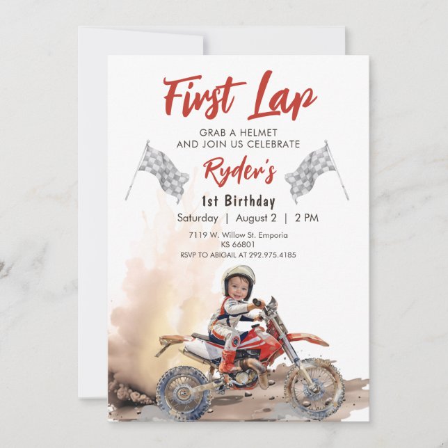 Första Lap Little Racer 1:a födelsedagsfoto Inbjudningar (Framsida)