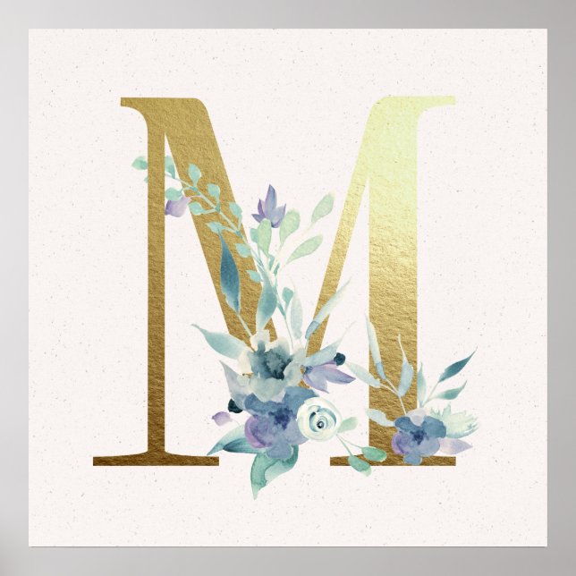 Första M Golden and Blue Blommigt Monogram Poster (Framsidan)