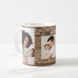 Första Mors dag 3-fotokollage Rustic Wood Kaffemugg