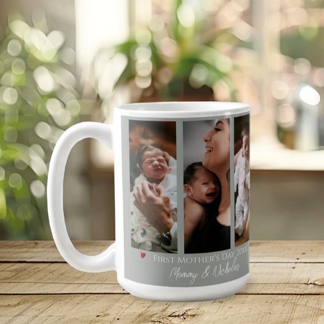 Första Mors dag 3-Grönten för fotokollage Kaffemugg (Sage Green First Mother's Day Three Photo Collage Coffee Mug)