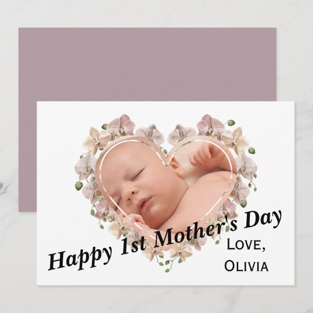 Första Mors dag Baby Photo SVG Heart-Blommigten Kort (Fram/baksida)