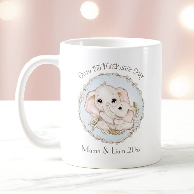 Första Mors dag Boy Blue Elephant Personlig Kaffemugg (First Mother's Day Boy Blue Elephant Personalized Coffee Mug)
