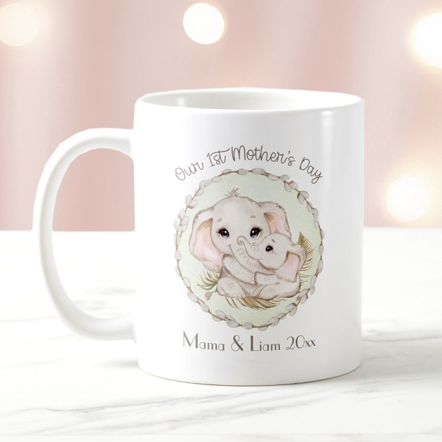 Första Mors dag Boy Grönt Elephant Personlig Kaffemugg (First Mother's Day Boy Green Elephant Personalized Coffee Mug)