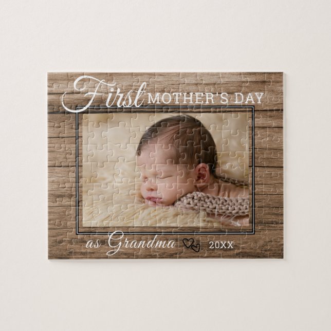 Första Mors dag Grandma Photo Rustic Wood Pussel (Horisontell)