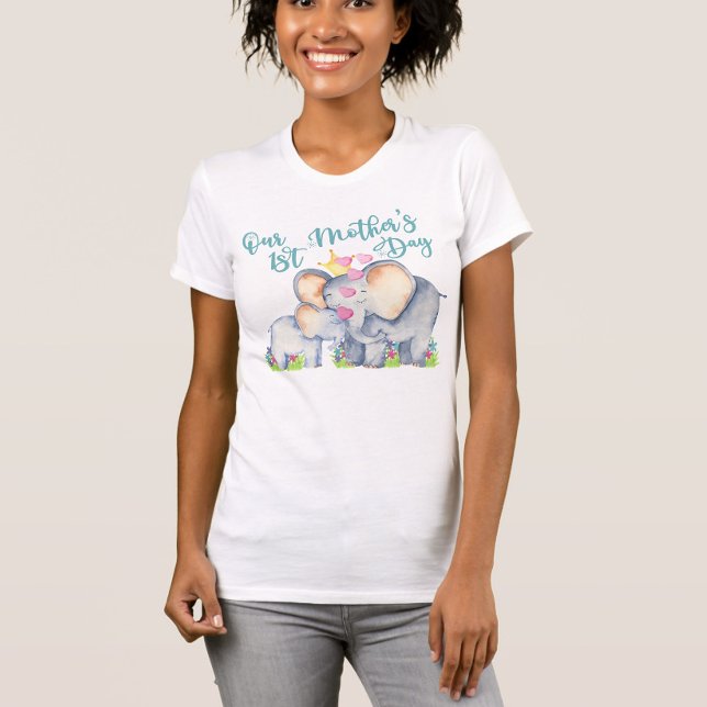 Första Mors dag Mamma och Baby Elephant T-Shirt (First Mother's Day t-shirt with mommy and baby elephants)