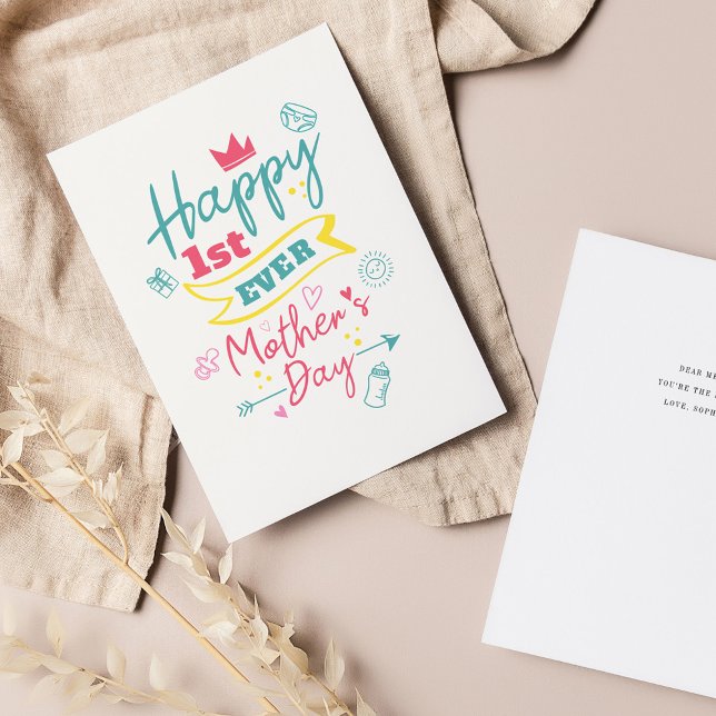 Första Mors Dag Rosa Blå Typografi Julkort (Happy First Ever Mother's Day Greetings Card)