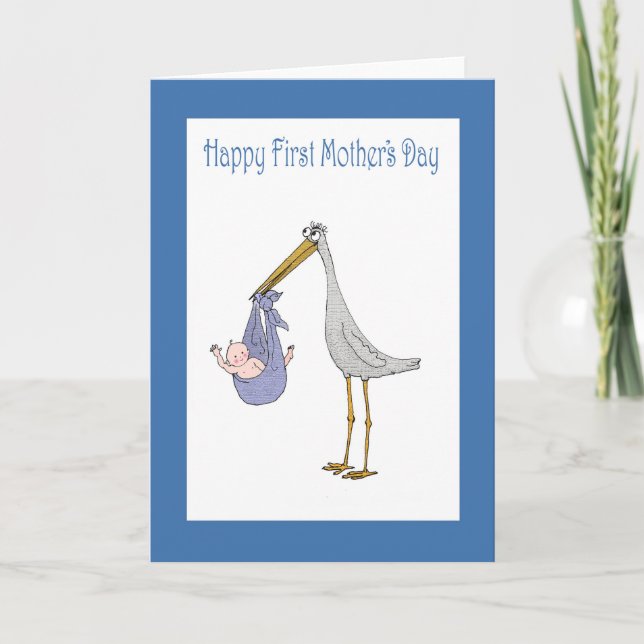 Första mors dag, stork och baby kort (Framsida)