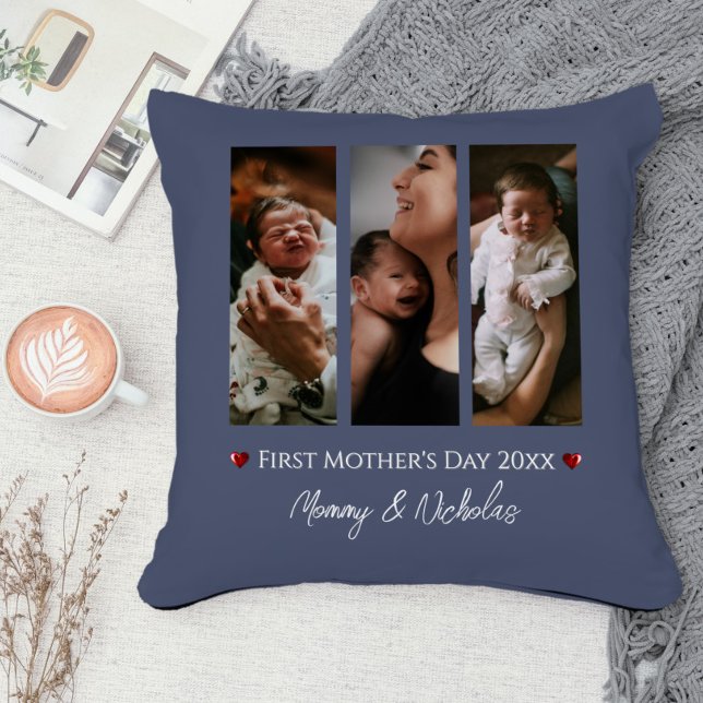 Första Mors dag tre fotokollage Blue Kudde (Blue First Mother's Day Three Photo Collage Throw Pillow)