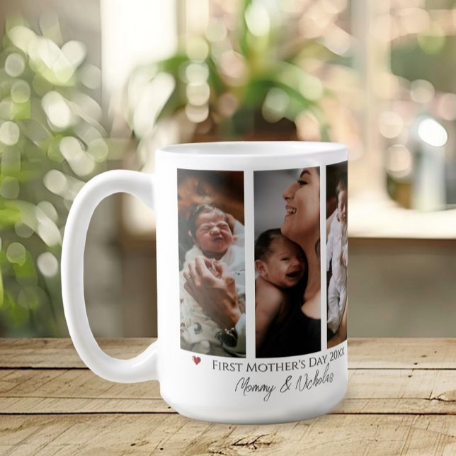 Första Mors dag tre fotokollage Kaffemugg (White First Mother's Day Three Photo Collage Coffee Mug)