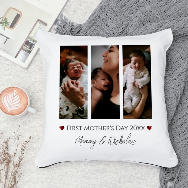 Första Mors dag tre fotokollage Kudde (White First Mother's Day Three Photo Collage Throw Pillow)