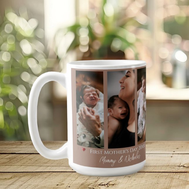Första Mors dag tre fotokollage Mocha Brown Kaffemugg (Mocha Brown First Mother's Day Three Photo Collage Coffee Mug)