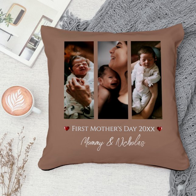 Första Mors dag tre fotokollage Mocha Brown Kudde (Mocha Brown First Mother's Day Three Photo Collage Throw Pillow)