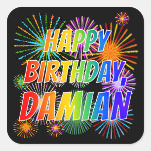 Första Namn, "DAMIAN", Roligten "GRATTIS PÅ FÖDELS Fyrkantigt Klistermärke