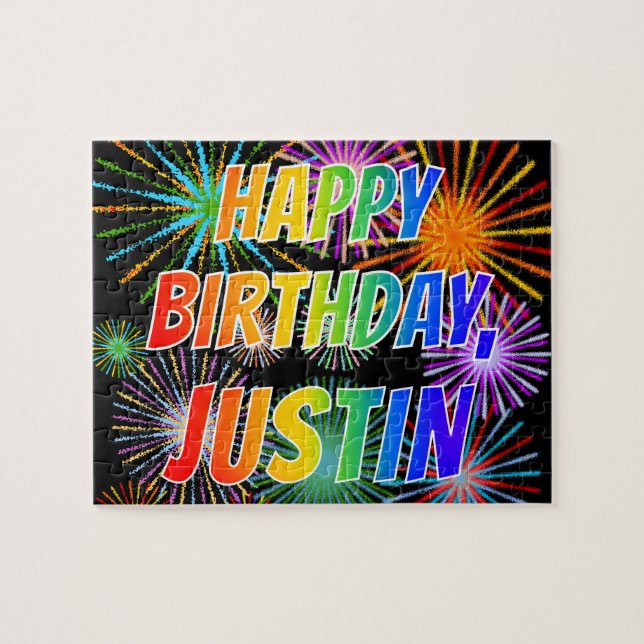 Första Namn, "JUSTIN", Roligten "GRATTIS PÅ FÖDELS Pussel (Horisontell)
