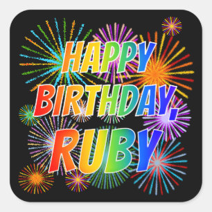 Första Namn, "RUBY", Roligten "GRATTIS PÅ FÖDELSED Fyrkantigt Klistermärke
