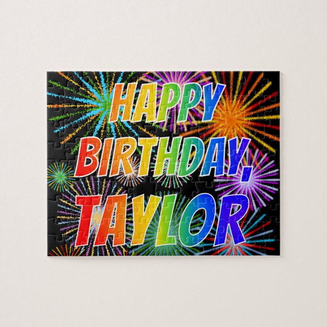 Första Namn, "TAYLOR", Roligten "GRATTIS PÅ FÖDELS Pussel (Horisontell)