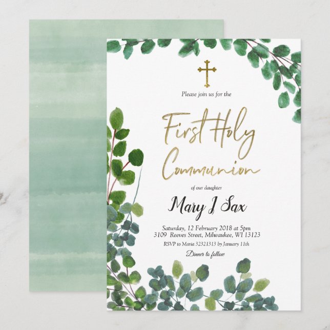 Första nattvard för nyckfull grönskaEucalyptus Inbjudningar (Fram/baksida)