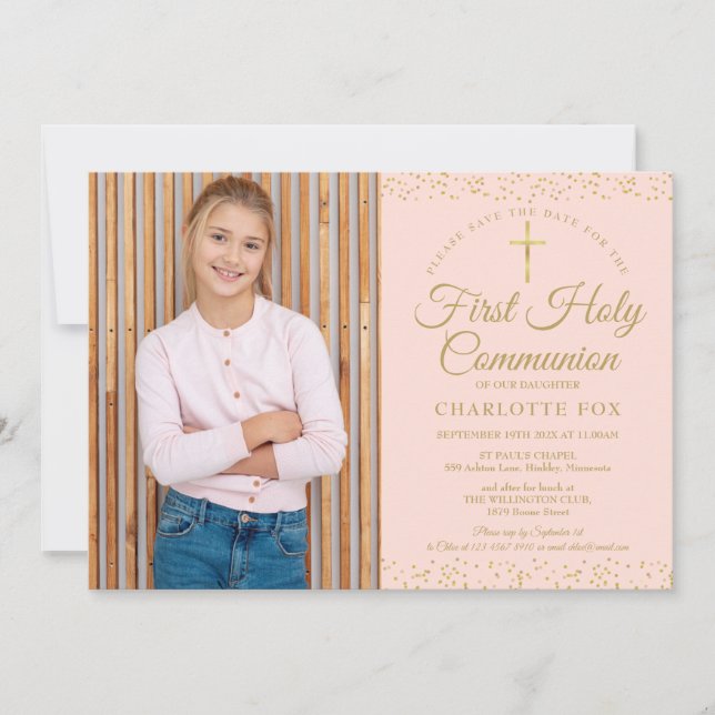 Första nattvarden Blush Rosa Guldstoft Foto Spara Datumet (Framsida)