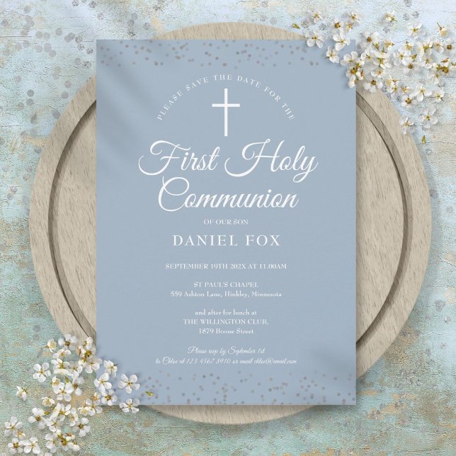 Första nattvarden Dammtor Blue Silver Stardust Spara Datumet (First Holy Communion Dusty Blue Silver Stardust Save The Date)