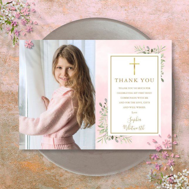 Första nattvarden Rosa grönska Foto Tack Kort (First Holy Communion Pink Greenery Photo Thank You Card)