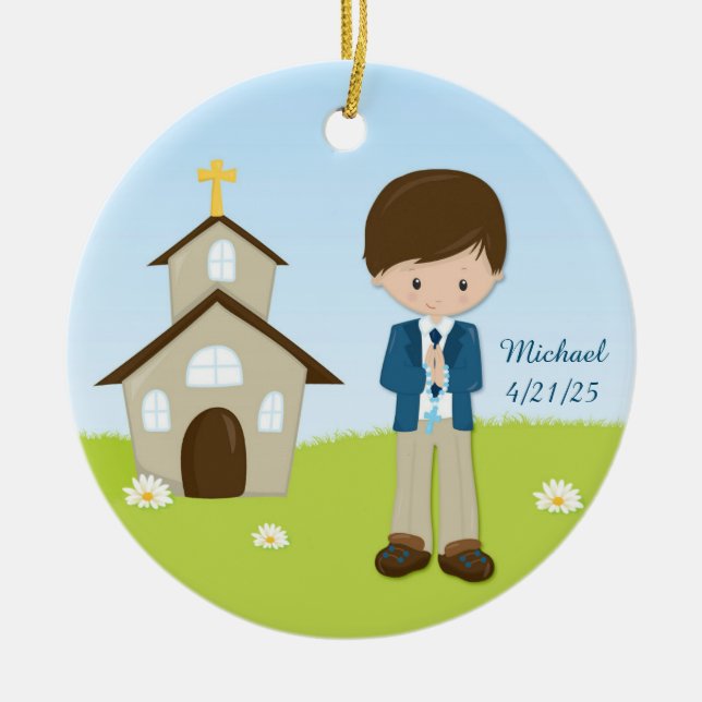 Första nattvardsgång, brunettpojke julgransprydnad keramik (Framsidan)