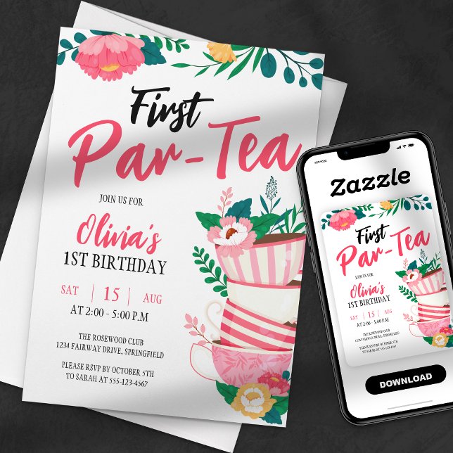 Första Par-Tea! Rosa blomsterte-fest födelsedagsfi Inbjudningar (Skapare uppladdad)