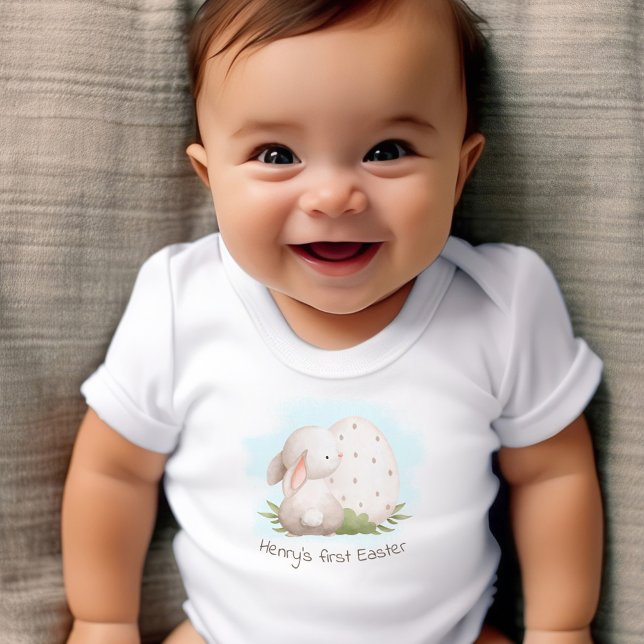 Första Påsk Cute Bunny Personlig Namn Pojke T Shirt (First Easter Cute Bunny Personalized Name Baby Boy Baby Bodysuit)