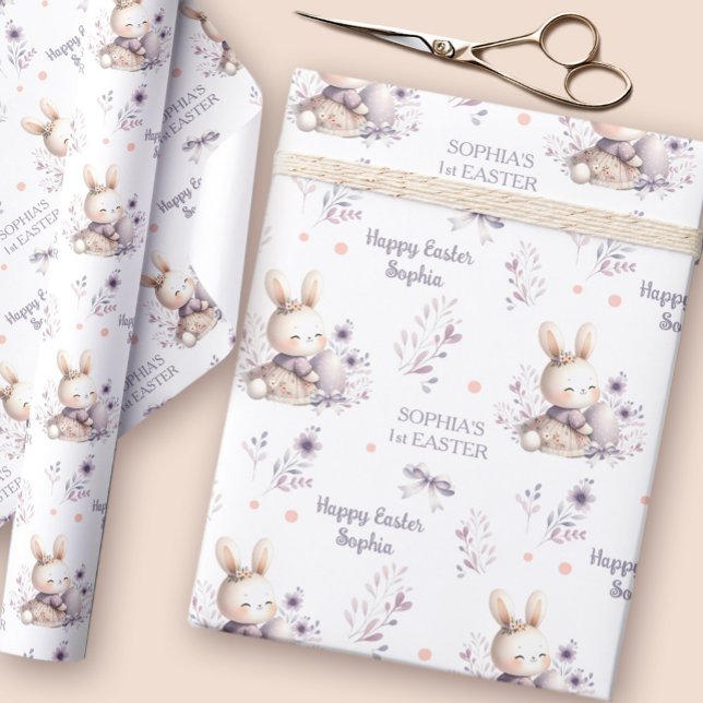 Första Påsk Girl Bunny Personlig Namn Lila Presentpapper (First Easter Girl Bunny Personalized Name Purple Wrapping Paper)