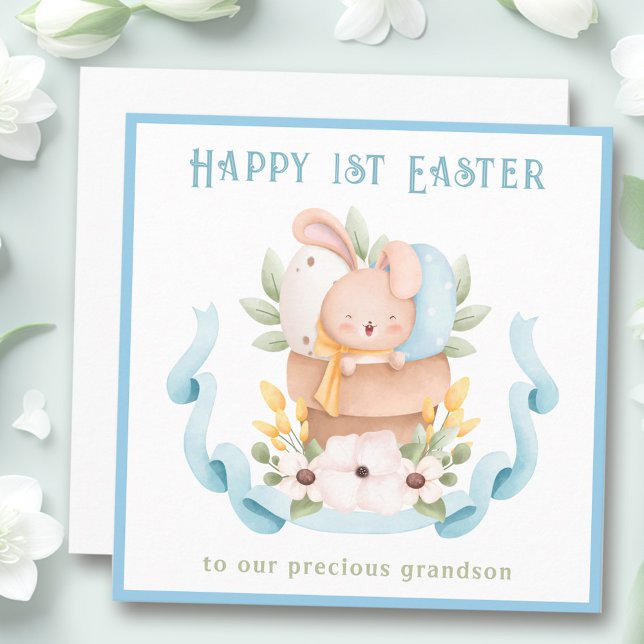 Första Påsk-kortet, barnsblått Påsk-kort Kort (1st Easter card bunny grandson blue Easter card)