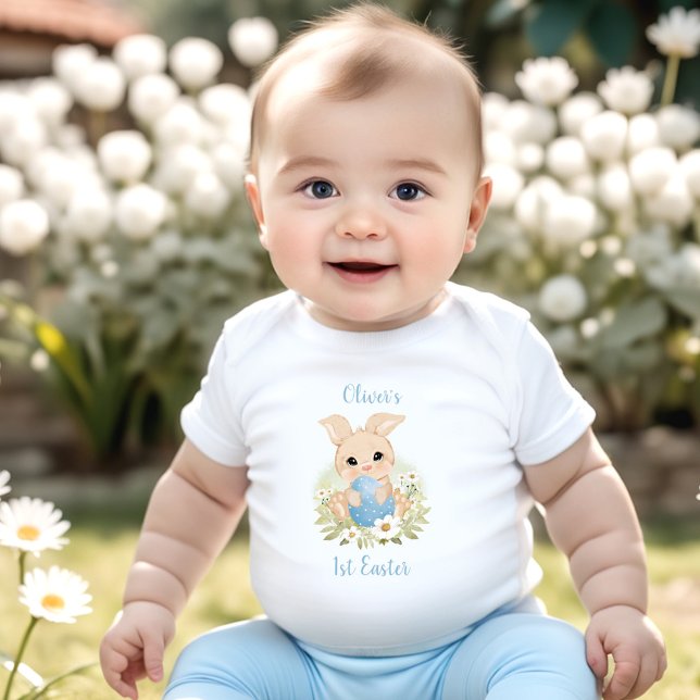 Första Påsk Personlig Pojke Bunny Egg Blue T Shirt (First Easter Personalized Baby Boy Bunny Egg Blue Baby Bodysuit)