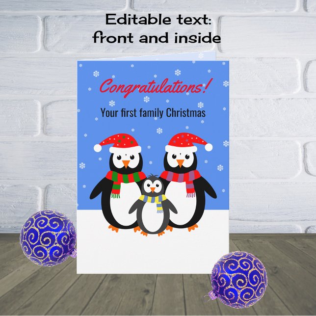Första redigerbara texten i julpenguin-familjen helgkort (Skapare uppladdad)