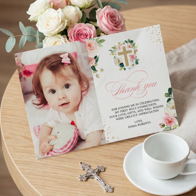 Första Religiösan för kommunens baptism  Rosa Guld Tack Kort (Skapare uppladdad)