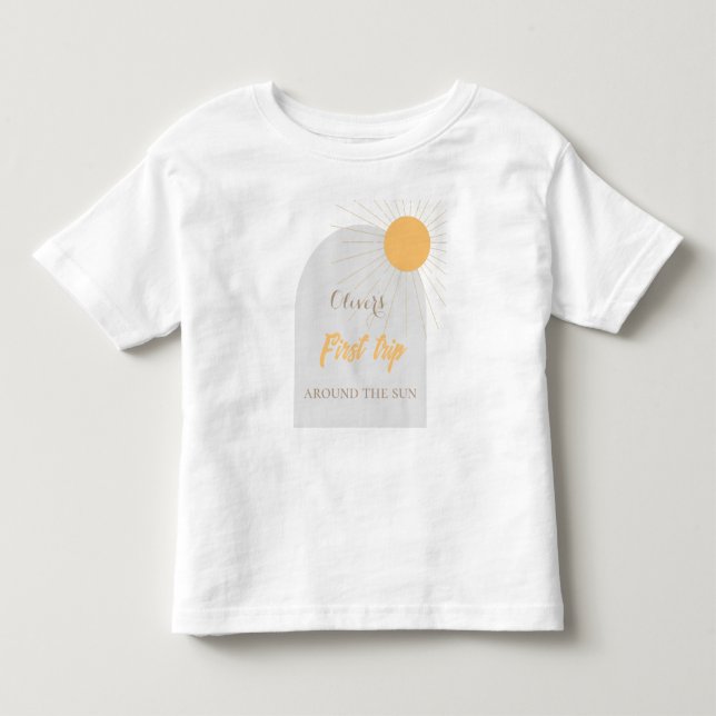 Första resa kring sol solskenens gult i t shirt (Framsida)
