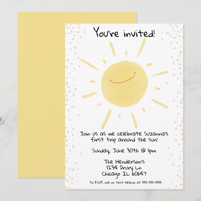 Första Resa runt Gultens födelsedag vid Sol Lyckli Inbjudningar (Fram/baksida)