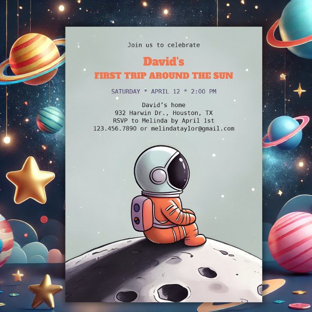 Första Resa runt om i Sol-rymdans astronaut-födels Inbjudningar (First Trip Around the Sun Space Astronaut Birthday Invitation)
