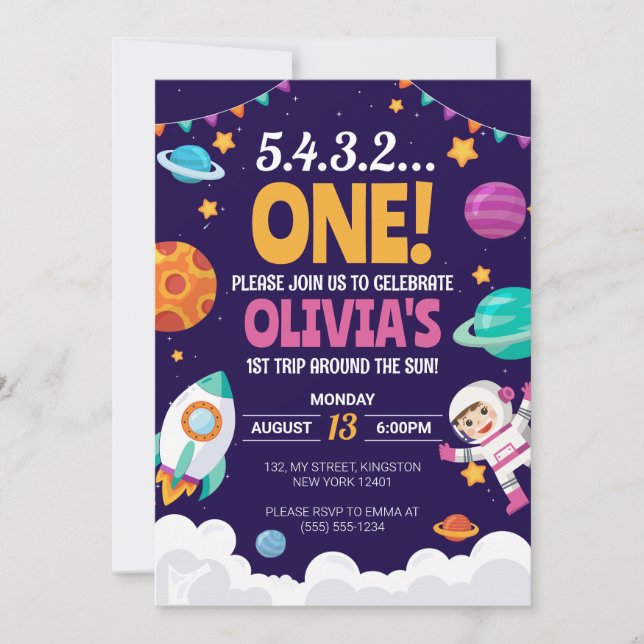 Första Resa runt om Sol Flickrymden 1:a födelsedag Inbjudningar (Framsida)