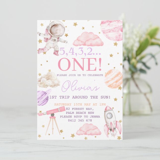 Första Resa runt om Sol Flickrymden 1:a födelsedag Inbjudningar (Stående Fram)