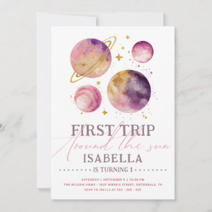 Första Resa runt om Sol Rosa Space Girl Birthday Inbjudningar