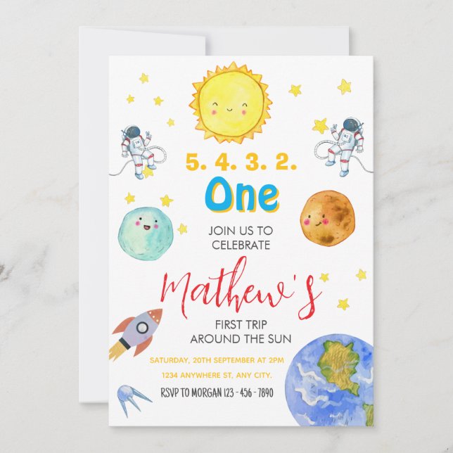 Första Resa runt Sol 1:a födelsedag Inbjudningar (Framsida)