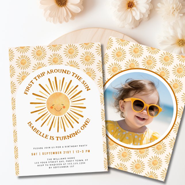 Första Resa runt Sol 1:a födelsetalet Party Inbjudningar (First Trip Around The Sun 1st Birthday Party Photo Invitation- Front & Back)