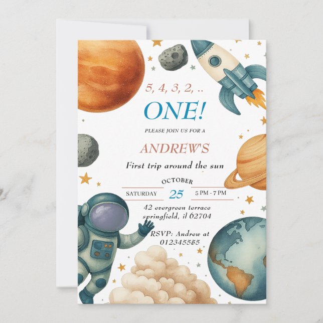 Första Resa runt Sol Astronaut-Födelsedagsfesten Inbjudningar (Framsida)