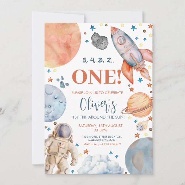 Första Resa runt Sol Astronaut-Födelsedagsfesten Inbjudningar (Framsida)