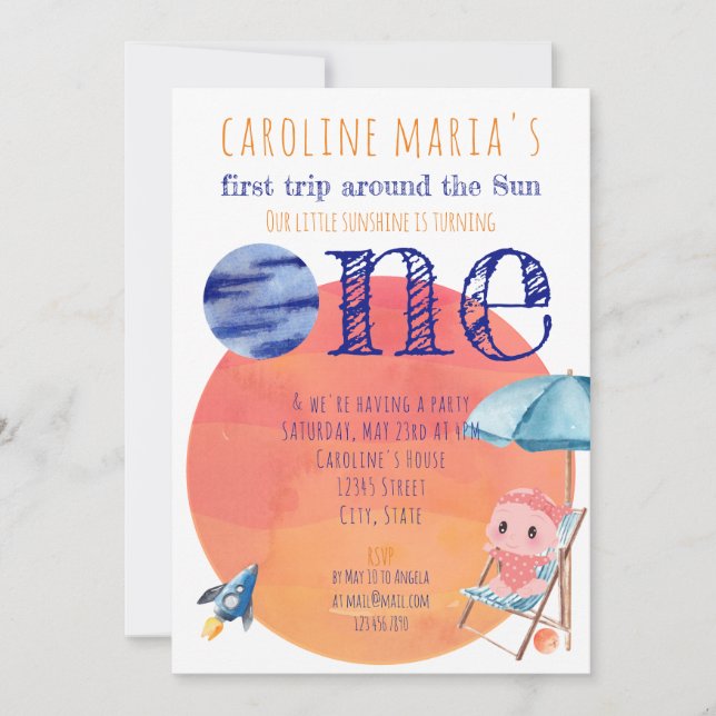 Första Resa runt Sol Baby, första födelsedag ett f Inbjudningar (Framsida)