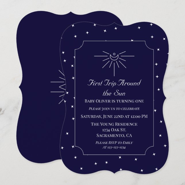Första Resa runt Sol-blått 1:a födelsedagen Inbjud (Fram/baksida)