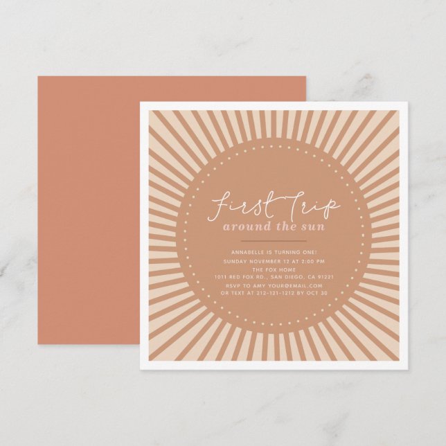 Första Resa runt Sol Boho 1:a födelsedag Inbjudningar (Fram/baksida)