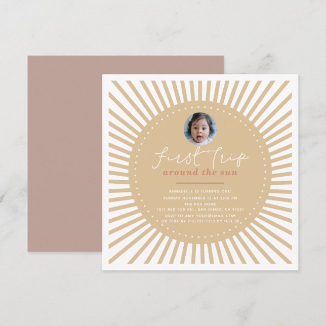 Första Resa runt Sol Boho-fotot 1:a födelsedagen Inbjudningar (Fram/baksida)