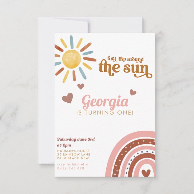 Första Resa runt Sol Boho Regnbåge 1:a födelsedag Inbjudningar (Framsida)
